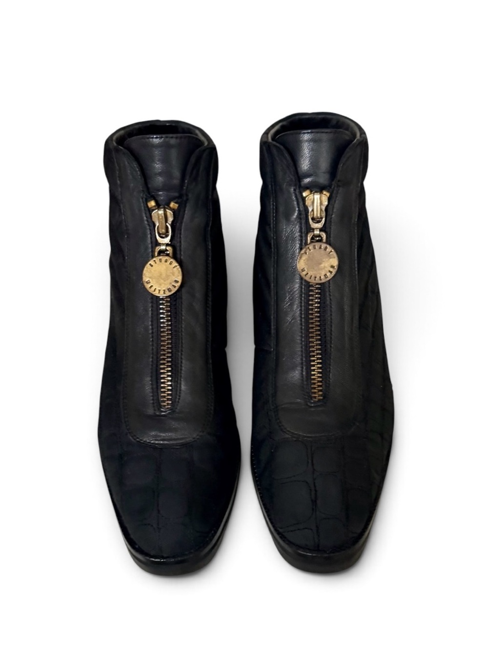 Stuart Weitzman Black Leather Quilted Fabric Front Zip Ankle Boots Coin Pull